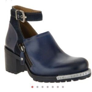 Fly London Lepu Leather Ankle Strap Booties in Navy Blue